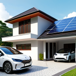 **Image Prompt:** A modern Malaysian home with solar panels on the roof. Show a family looking at their smartphone, monitoring their energy usage via a smart grid app. In the background, a sleek electric vehicle (EV) is charging in the driveway. The overall scene conveys energy independence and sustainability.