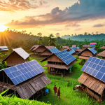 **A vibrant Malaysian "kampung" (village) at sunset. Solar panels are subtly integrated into the roofs of traditional houses. In the foreground, a group of villagers are gathered, some using smartphones, powered by the community's solar energy. Lush greenery surrounds the village.**