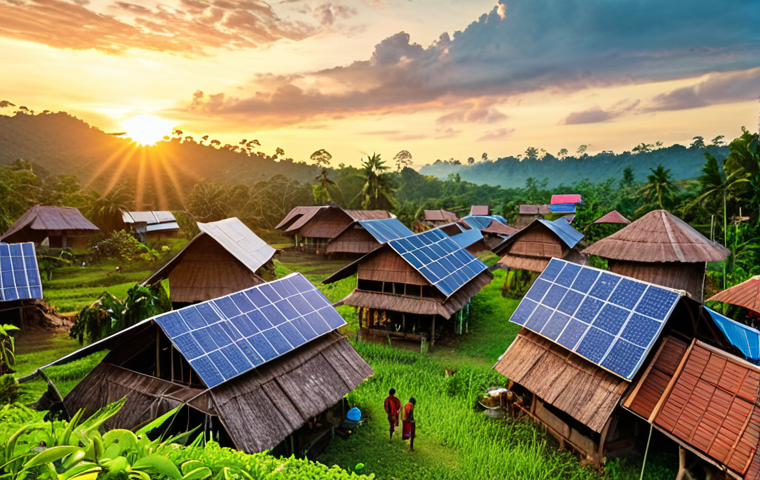 **A vibrant Malaysian "kampung" (village) at sunset. Solar panels are subtly integrated into the roofs of traditional houses. In the foreground, a group of villagers are gathered, some using smartphones, powered by the community's solar energy. Lush greenery surrounds the village.**