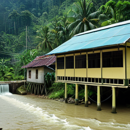 Home 17 **
Prompt: "Small-scale hydroelectric power station in a lush, green Malaysian village. Traditional houses are lit up by electricity. Focus on sustainable energy and rural community empowerment."
**