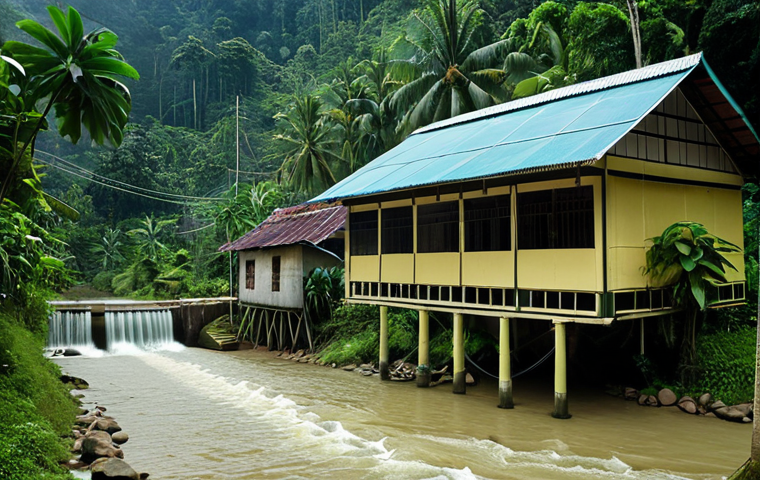 **

Prompt: "Small-scale hydroelectric power station in a lush, green Malaysian village. Traditional houses are lit up by electricity. Focus on sustainable energy and rural community empowerment."

**