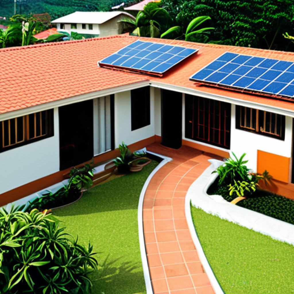 **Prompt 1: Transformasi Kediaman Lestari di Malaysia**
    "A peaceful, modern Malaysian residential neighborhood under a clear, sunny sky. Every house features sleek rooftop solar panels, with some subtly incorporating small, elegant wind turbines. Lush green gardens and tropical trees line the streets, where children are happily playing. The overall scene conveys a vibrant, self-sufficient community, embodying energy independence and a sustainable green lifestyle. The image should be photo-realistic, with warm, inviting colors, and highly detailed, showcasing a sense of progress and tranquility."