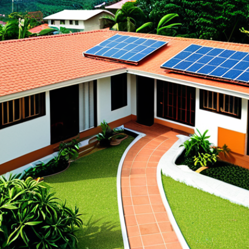 Home 8 **Prompt 1: Transformasi Kediaman Lestari di Malaysia**
"A peaceful, modern Malaysian residential neighborhood under a clear, sunny sky. Every house features sleek rooftop solar panels, with some subtly incorporating small, elegant wind turbines. Lush green gardens and tropical trees line the streets, where children are happily playing. The overall scene conveys a vibrant, self-sufficient community, embodying energy independence and a sustainable green lifestyle. The image should be photo-realistic, with warm, inviting colors, and highly detailed, showcasing a sense of progress and tranquility."