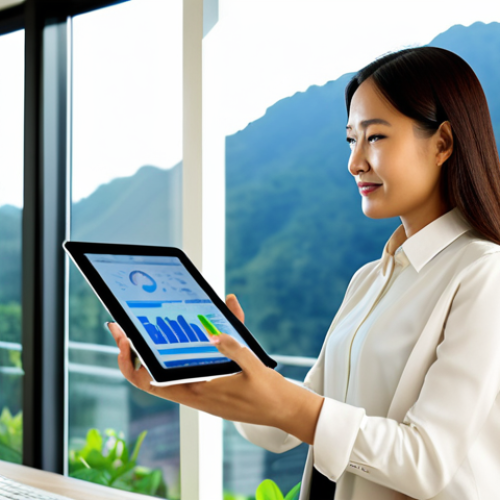 A professional Malaysian woman, mid-30s, in a modest business casual outfit, stands in a brightly lit, modern home office. She is looking at a sleek tablet, which displays an intuitive Energy Management System (EMS) interface showing real-time energy usage and solar generation data. The room features clean lines, natural wood elements, and a large window offering a glimpse of a green landscape. The scene emphasizes smart technology and energy efficiency. Fully clothed, appropriate attire, safe for work, perfect anatomy, correct proportions, natural pose, well-formed hands, proper finger count, natural body proportions, professional photography, high quality, professional, family-friendly.
